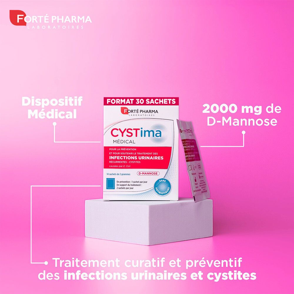 Boîte et sachet CYSTima Médical. Marque Forté Pharma. Texte: Pour infections urinaires. 2000 mg D-Mannose.