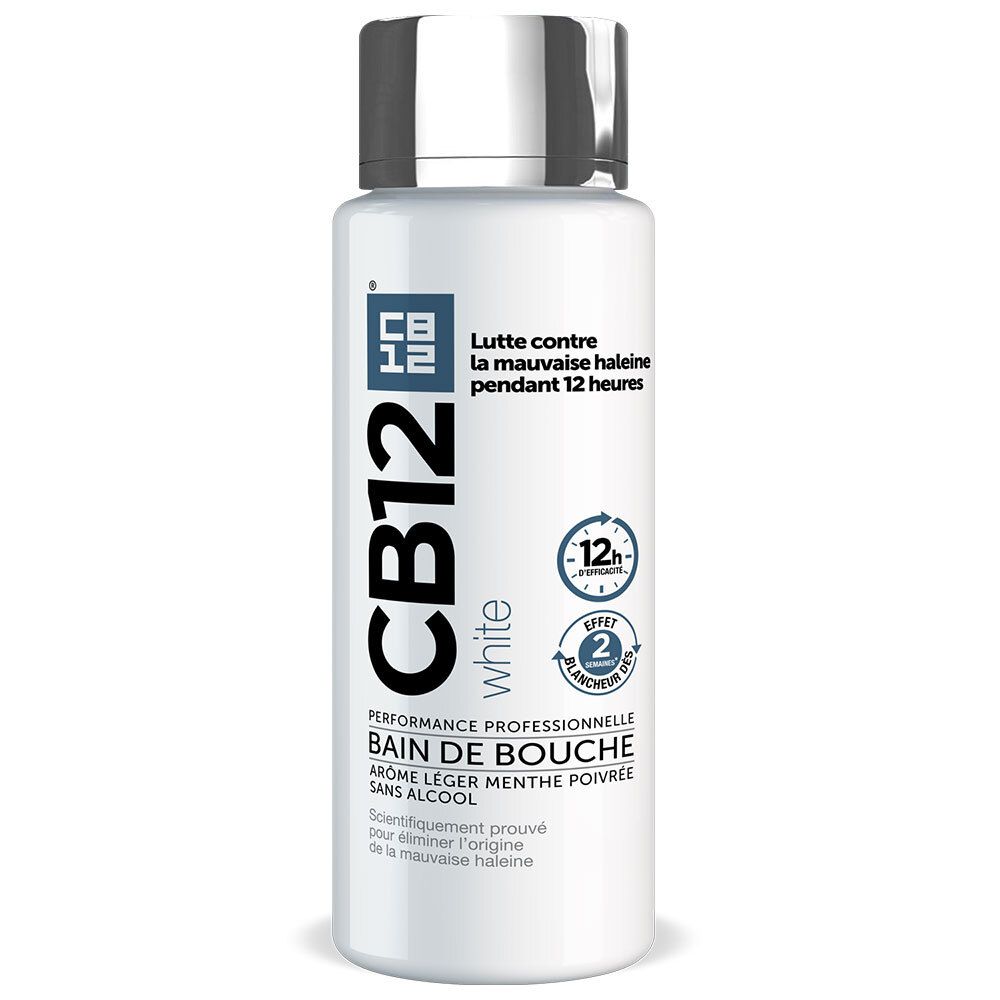 CB12 White bain de bouche, flacon blanc. Lutte contre la mauvaise haleine pendant 12 heures.