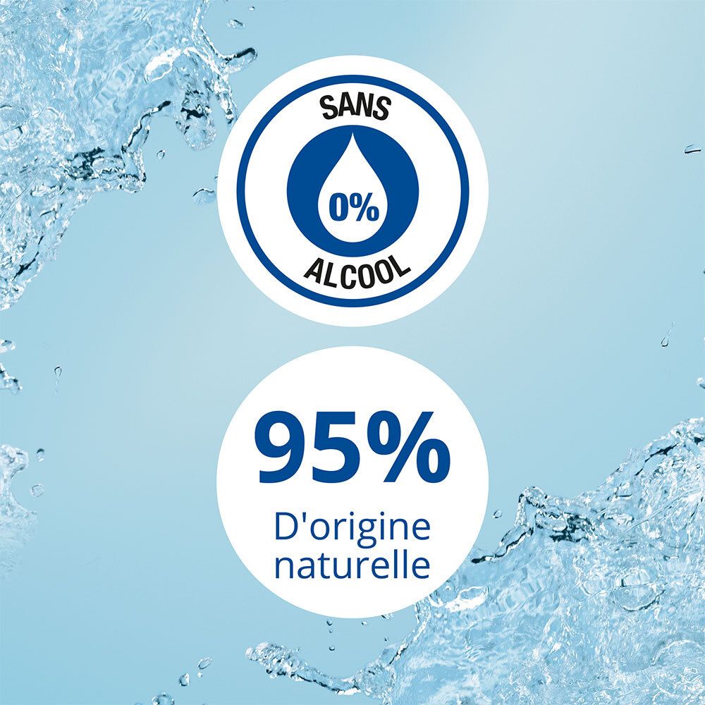 Fond bleu avec logos : 0% alcool, 95% d'origine naturelle.