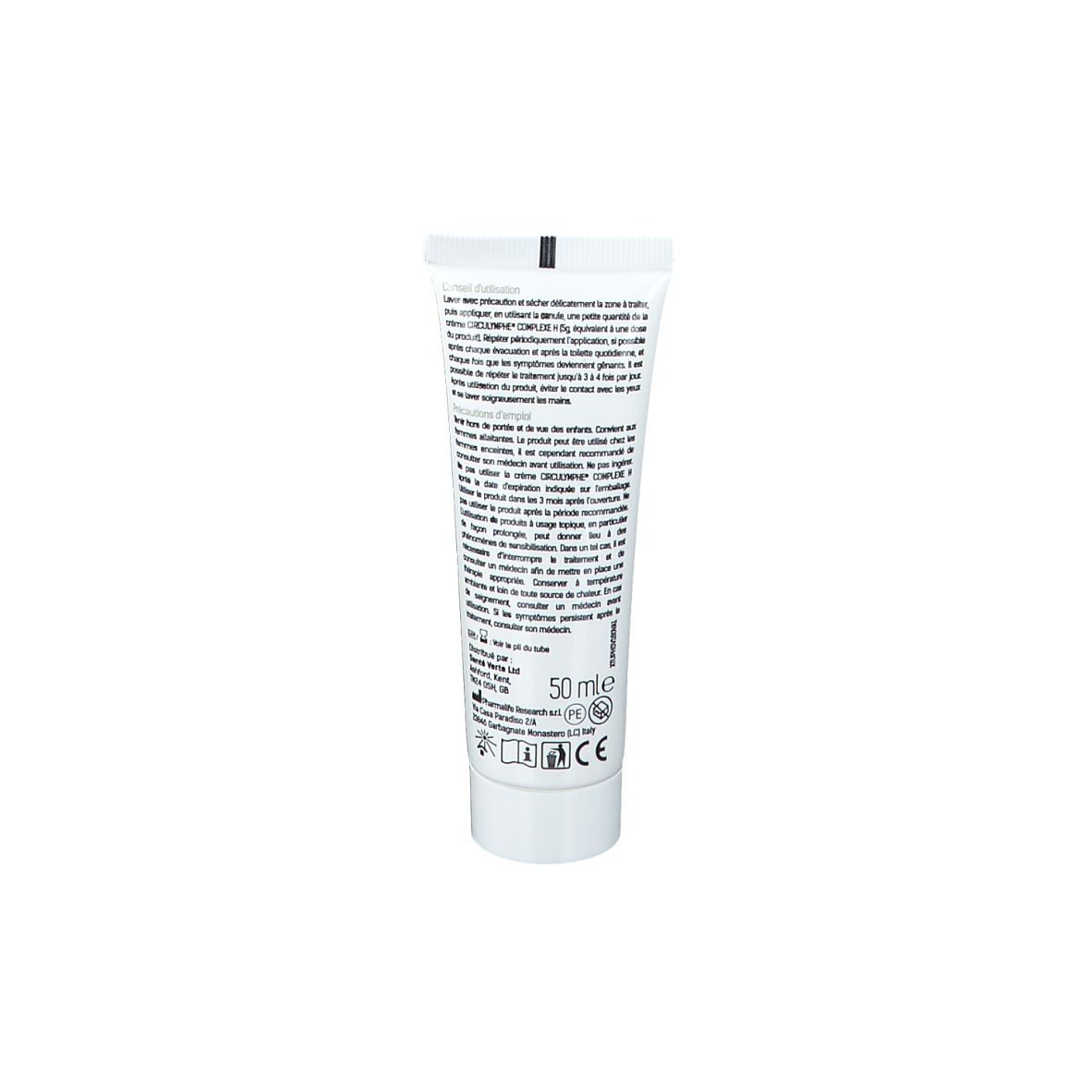 Rückseite einer weißen Tube. Text in mehreren Sprachen. 50 ml. CE-Kennzeichnung.