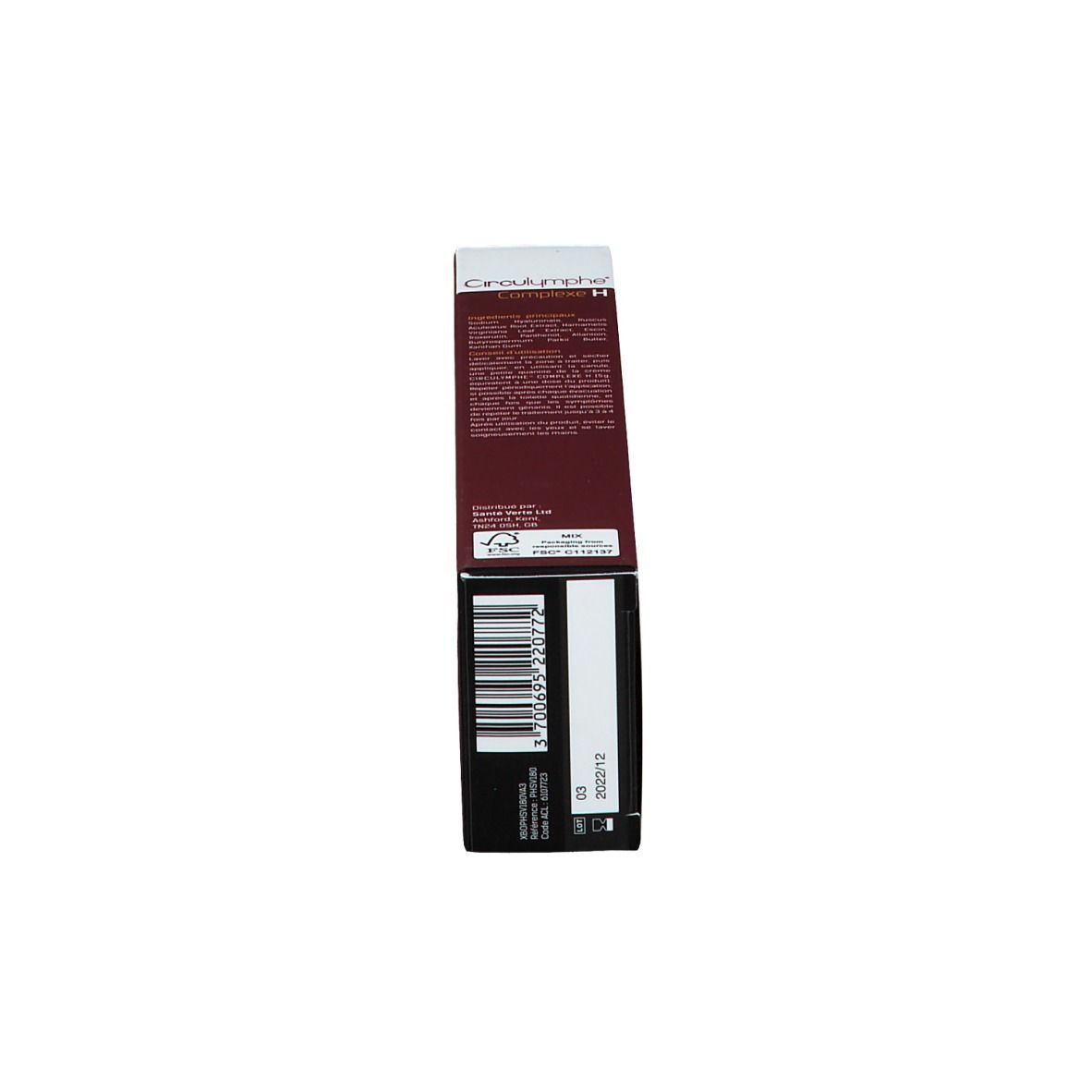 Produktverpackung, Rückseite. Barcode und Text. Aufschrift: Circulymphe Complexe H.