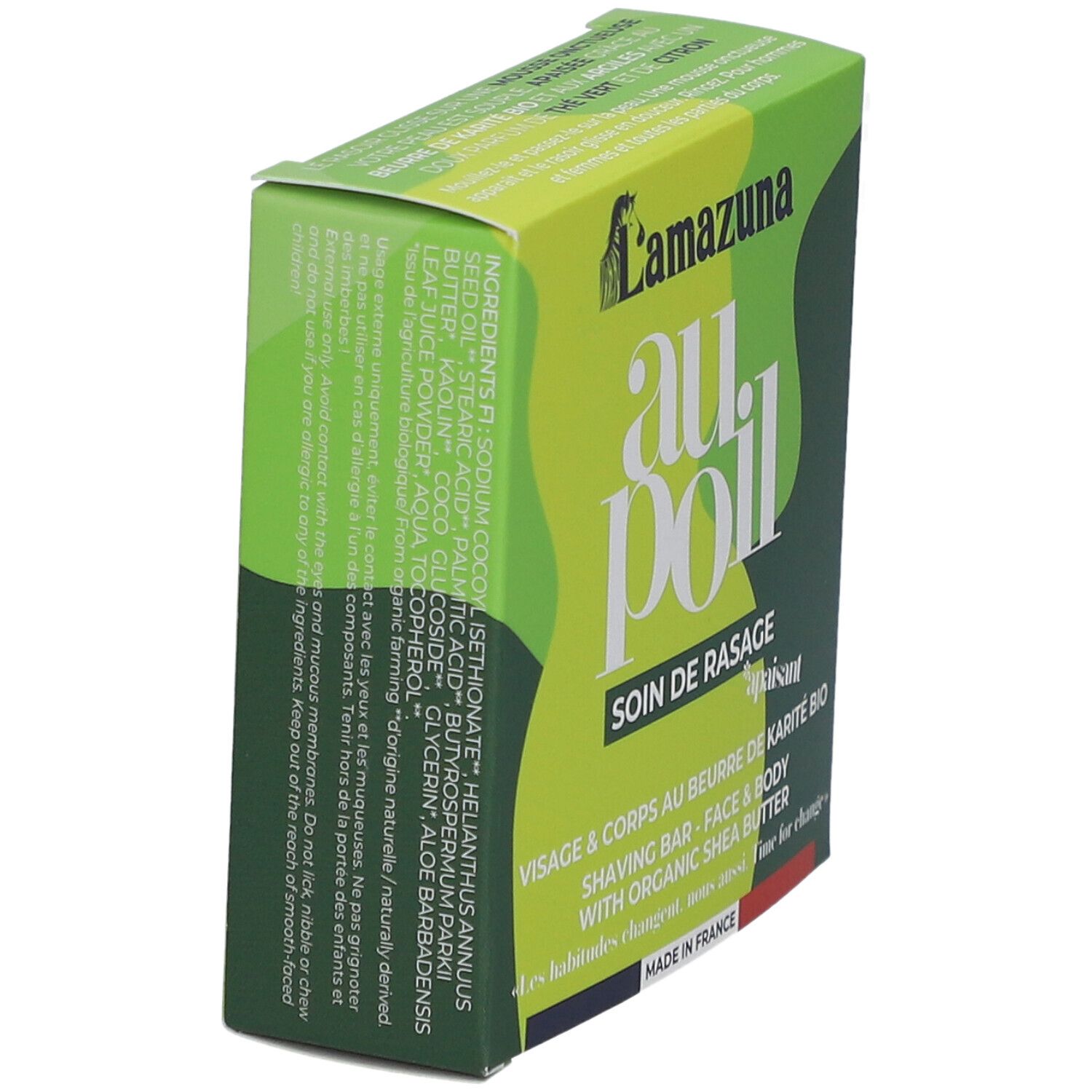 Boîte verte en biais. Nom du produit "au poil" et logo visibles. Texte: "Soin de rasage", "Visage & corps".