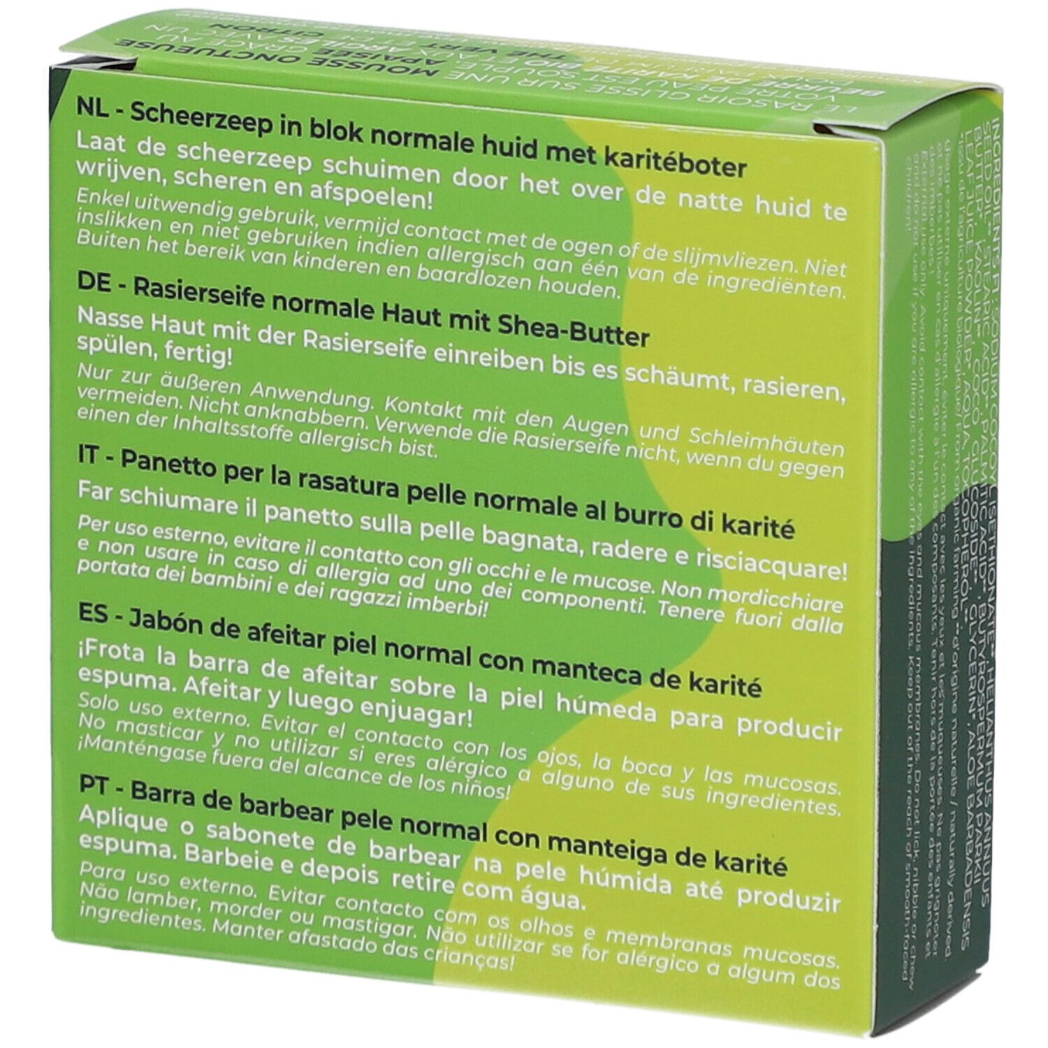 Dos de la boîte verte. Texte multilingue: néerlandais, allemand, italien, espagnol, portugais.