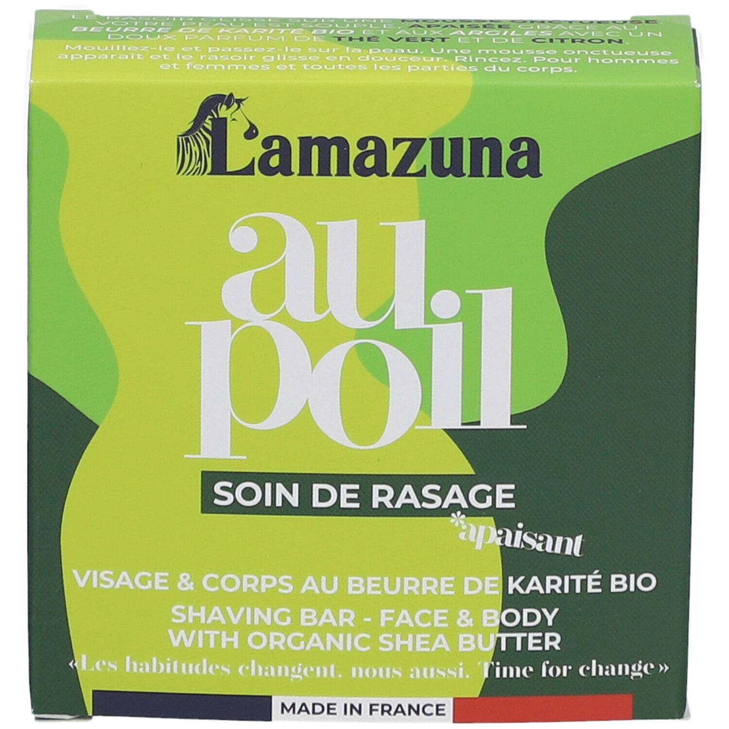 Boîte verte avec le nom du produit "au poil" et logo. Texte: "Soin de rasage", "Visage & corps au beurre".