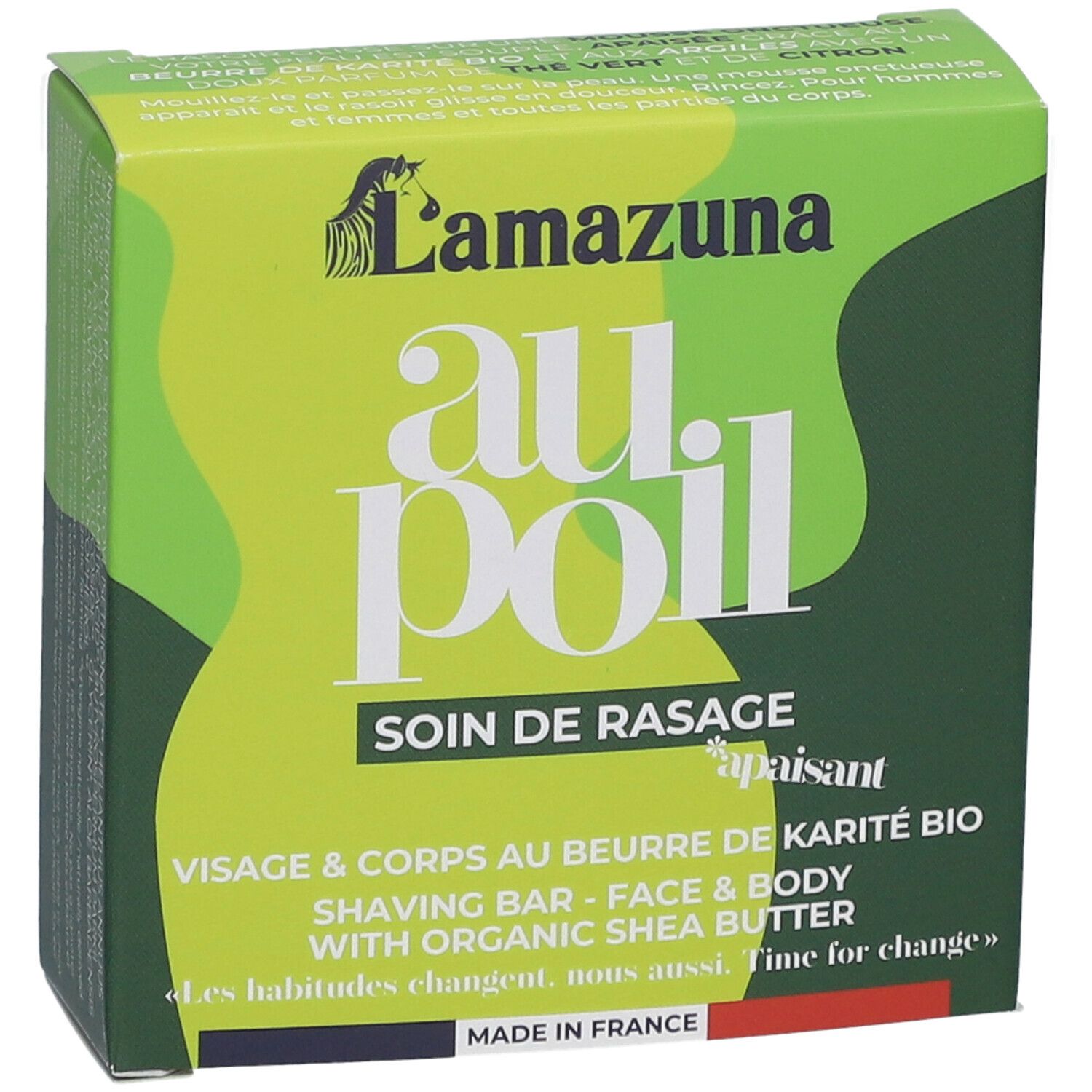 Boîte verte avec le nom du produit "au poil" et logo. Texte: "Soin de rasage", "Visage & corps au beurre".