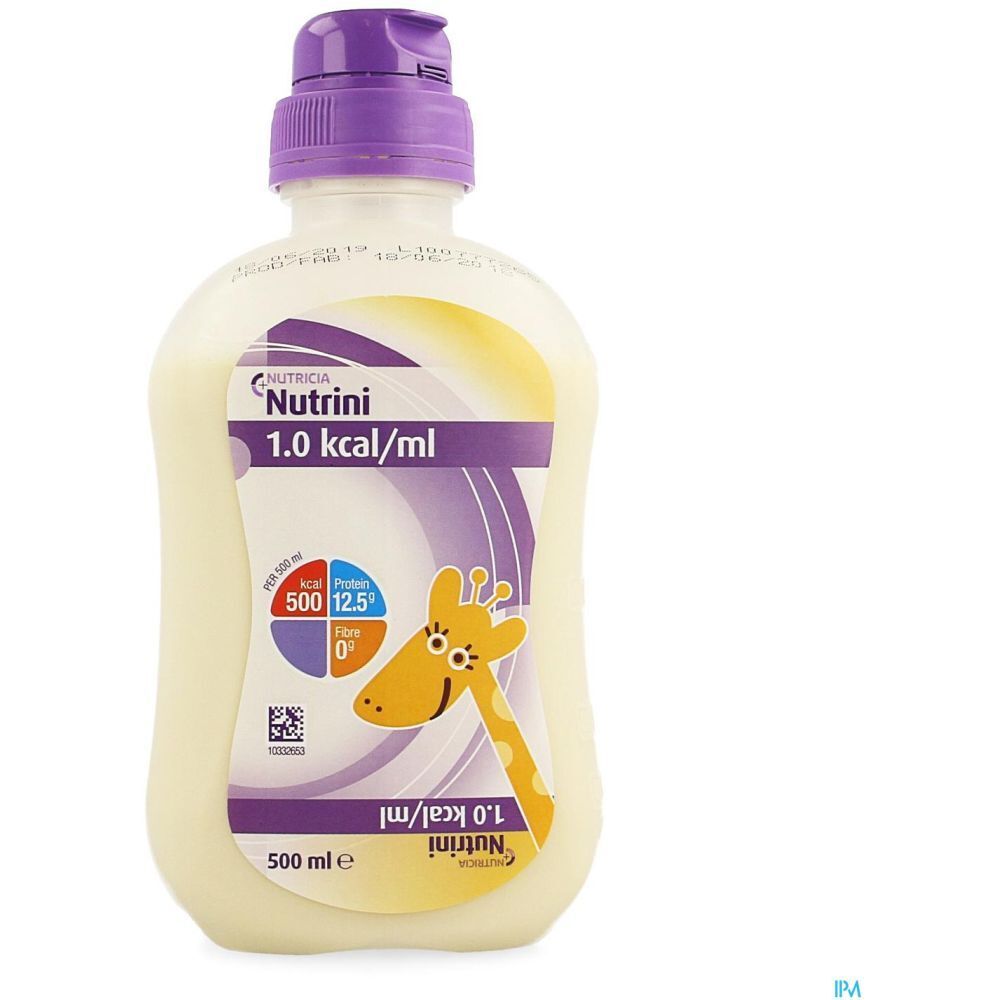 Bouteille Nutricia Nutrini 1.0 kcal/ml. Bouchon violet, étiquette jaune avec girafe et informations nutritionnelles. 500 ml.