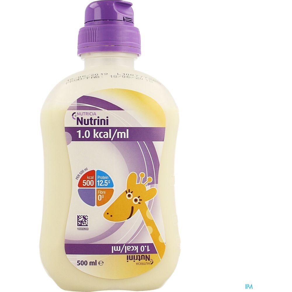 Bouteille Nutricia Nutrini 1.0 kcal/ml. Bouchon violet, étiquette jaune avec girafe et informations nutritionnelles. 500 ml.