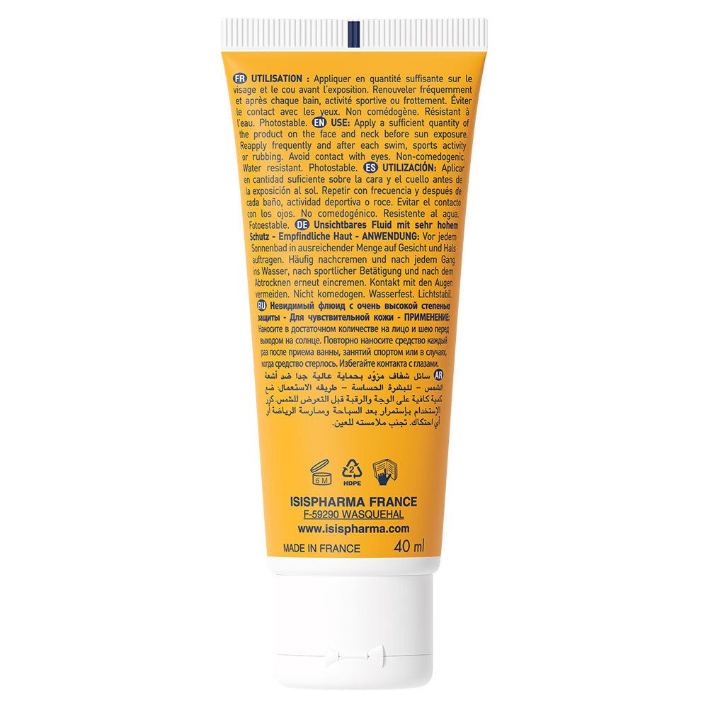 Rückseite der gelben Tube ISISPHARMA Uveblock SPF 50+. Text in mehreren Sprachen. Weiße Kappe.