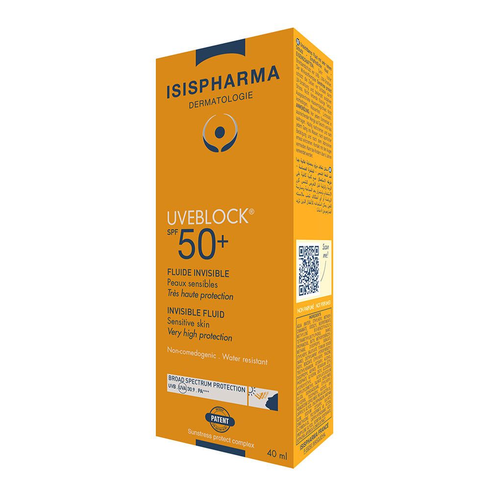 Gelbe Schachtel mit ISISPHARMA Uveblock SPF 50+. Text: Fluide Invisible, Peaux sensibles. QR-Code.