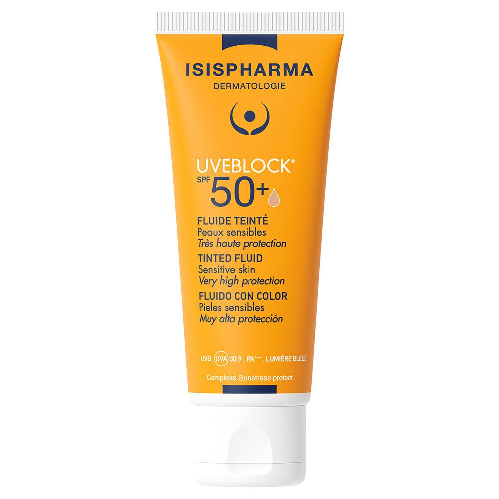 Gelbe Tube ISISPHARMA Uveblock SPF 50+ Medium. Text und Logo. Weißer Deckel.