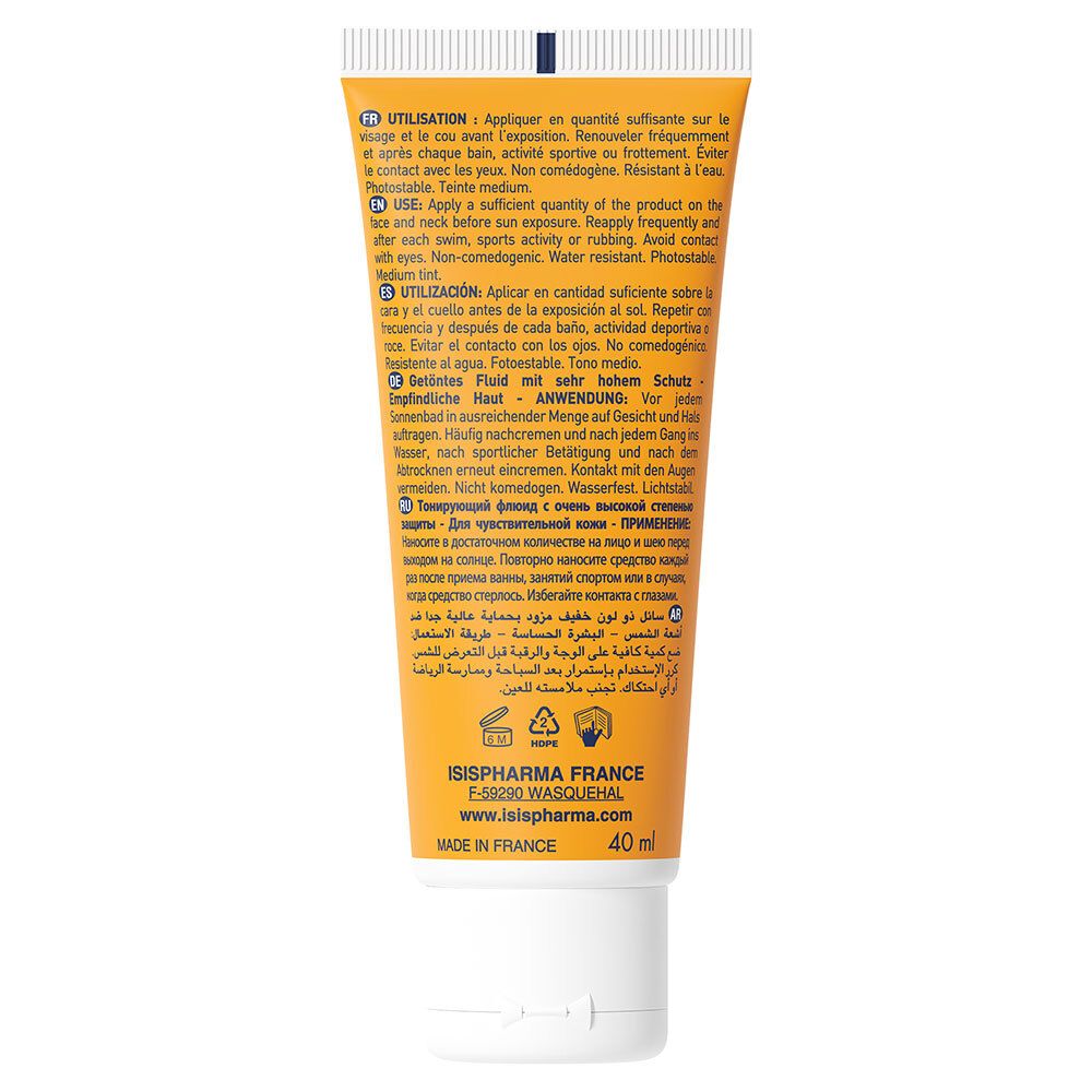 Rückseite der gelben Tube. Text in mehreren Sprachen. 40 ml.