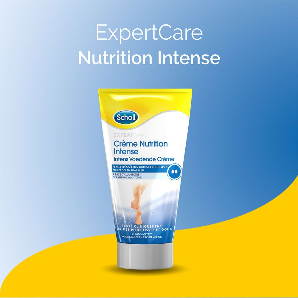 Publicité avec nom et logo du produit. Design jaune et bleu. Tube de crème en arrière-plan.