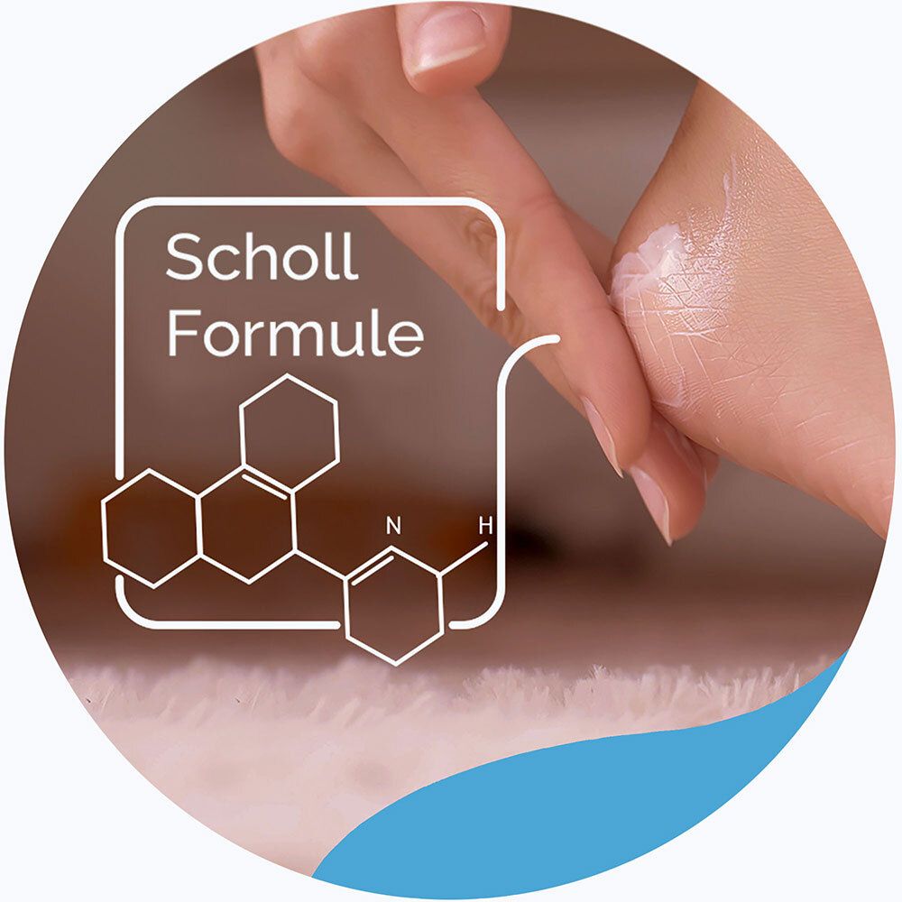 Image circulaire. Main, crème et formule chimique. Texte : Scholl Formule.