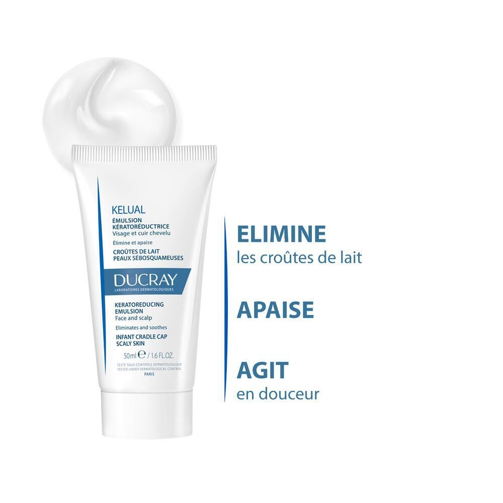 Tube DUCRAY KELUAL Emulsion en klodder. Tekst: Elimineert, verzacht, werkt zacht.