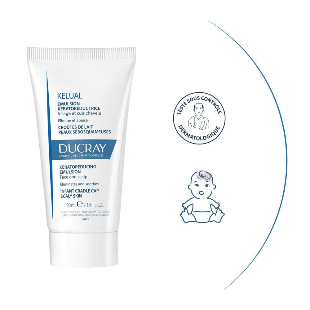 Tube DUCRAY KELUAL Emulsion. Logo Dermatologisch getest. Babysymbool.