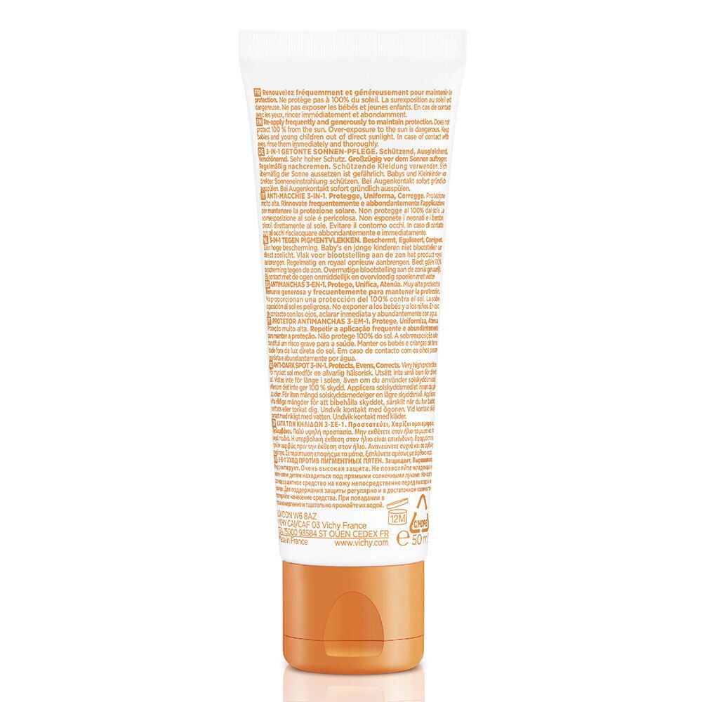 Rückseite der Vichy Idéal Soleil 3-in-1 getönten Anti-Flecken-Pflege SPF 50+ Tube. Text in mehreren Sprachen.