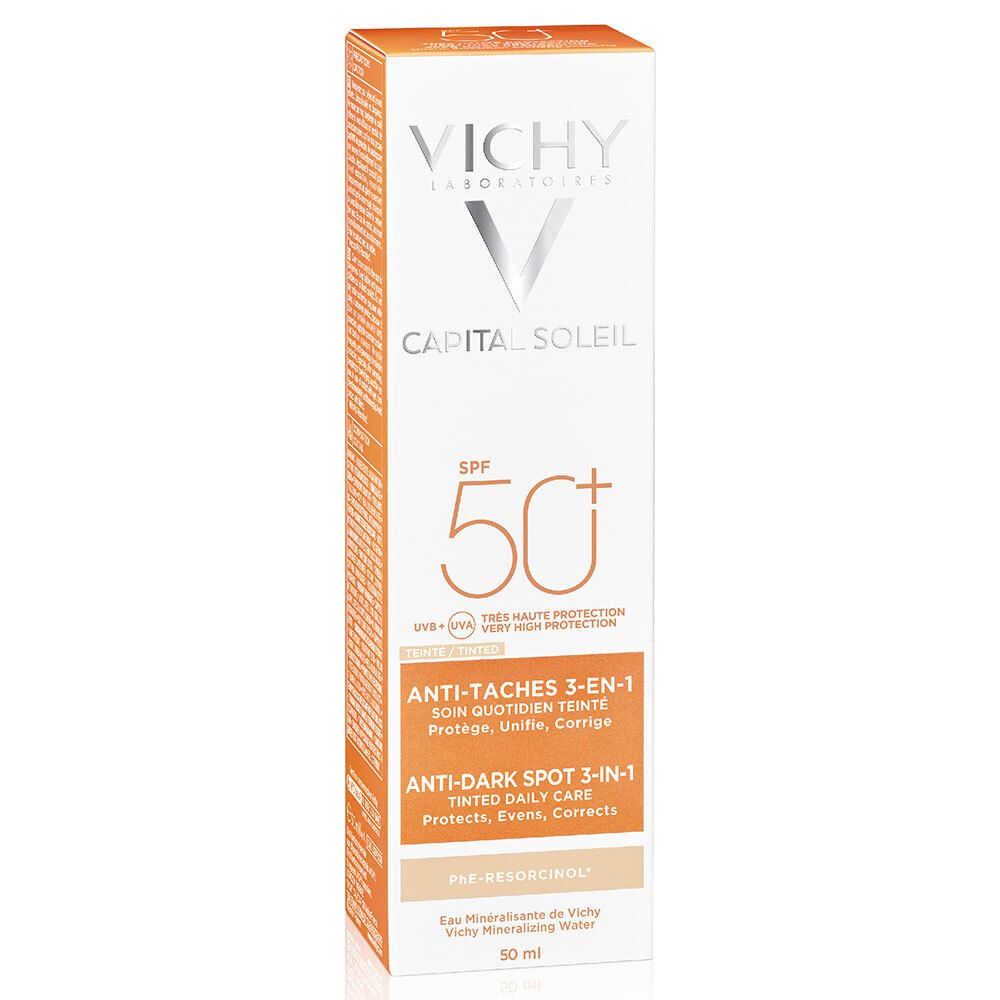 Vichy Idéal Soleil 3-in-1 getönte Anti-Flecken-Pflege SPF 50+ Verpackung. Weiß und orangefarben.