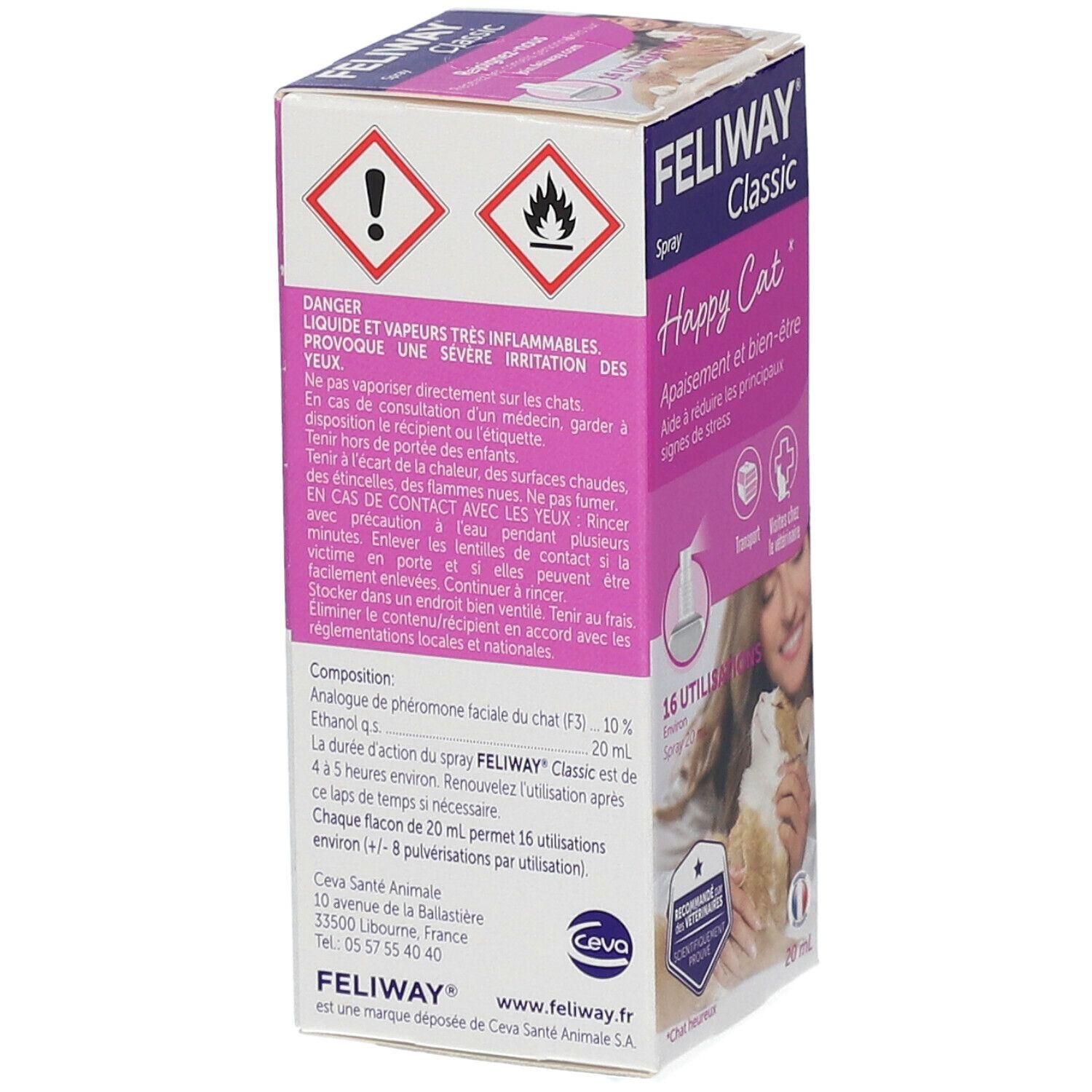 Rückseite der FELIWAY Classic Spray-Box. Warnhinweise. Inhaltsstoffe. Herstellerinformationen. 20 ml.
