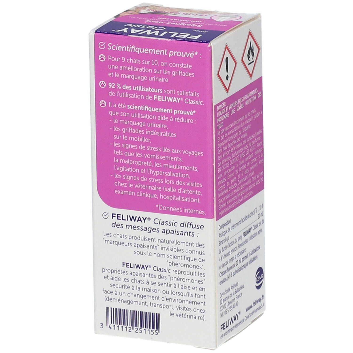 Seite der FELIWAY Classic Spray-Box. Text: Wissenschaftlich bewiesen. Informationen zur Wirksamkeit. Herstellerinformationen.