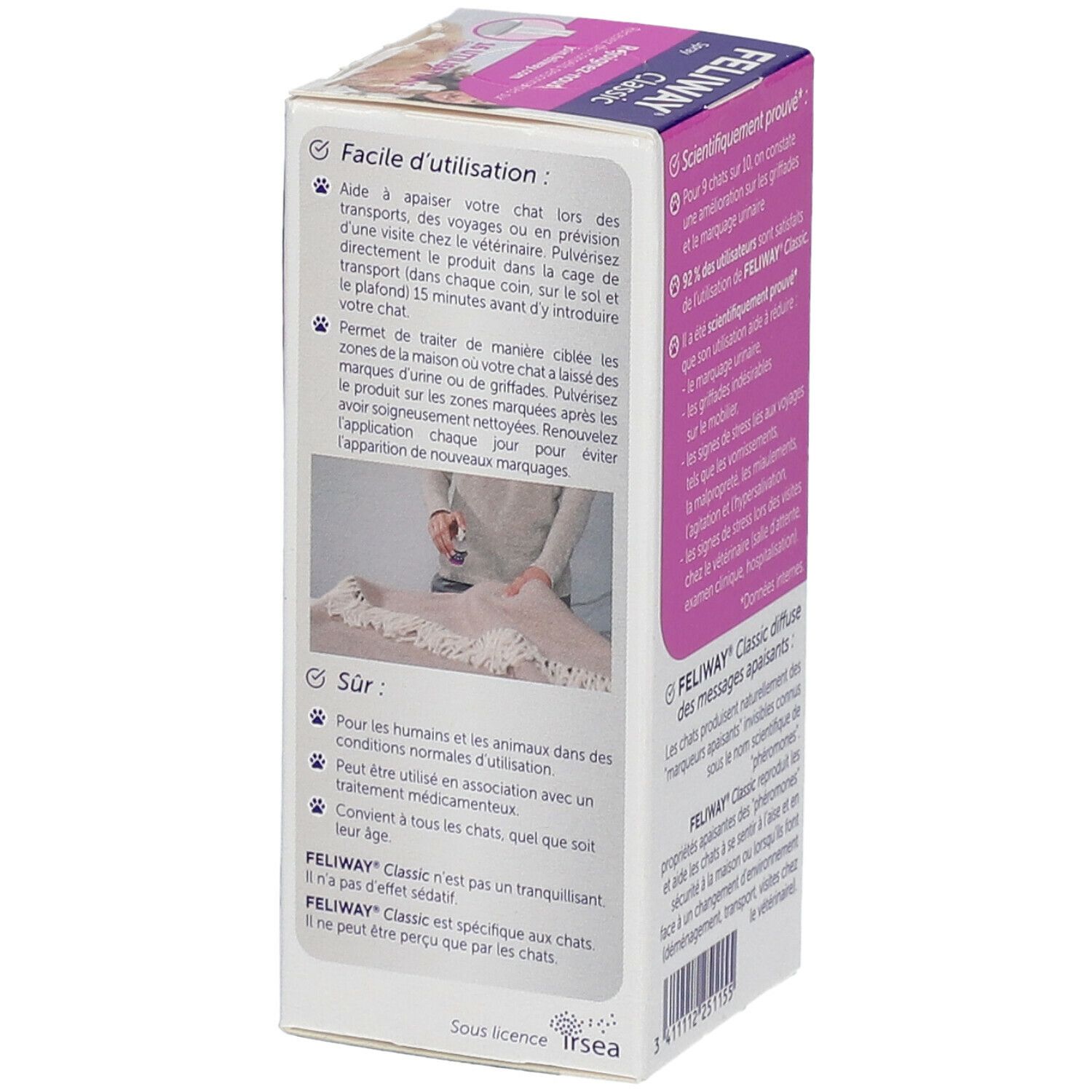Seite der FELIWAY Classic Spray-Box. Text: Einfache Anwendung. Informationen zur Anwendung. Herstellerinformationen.