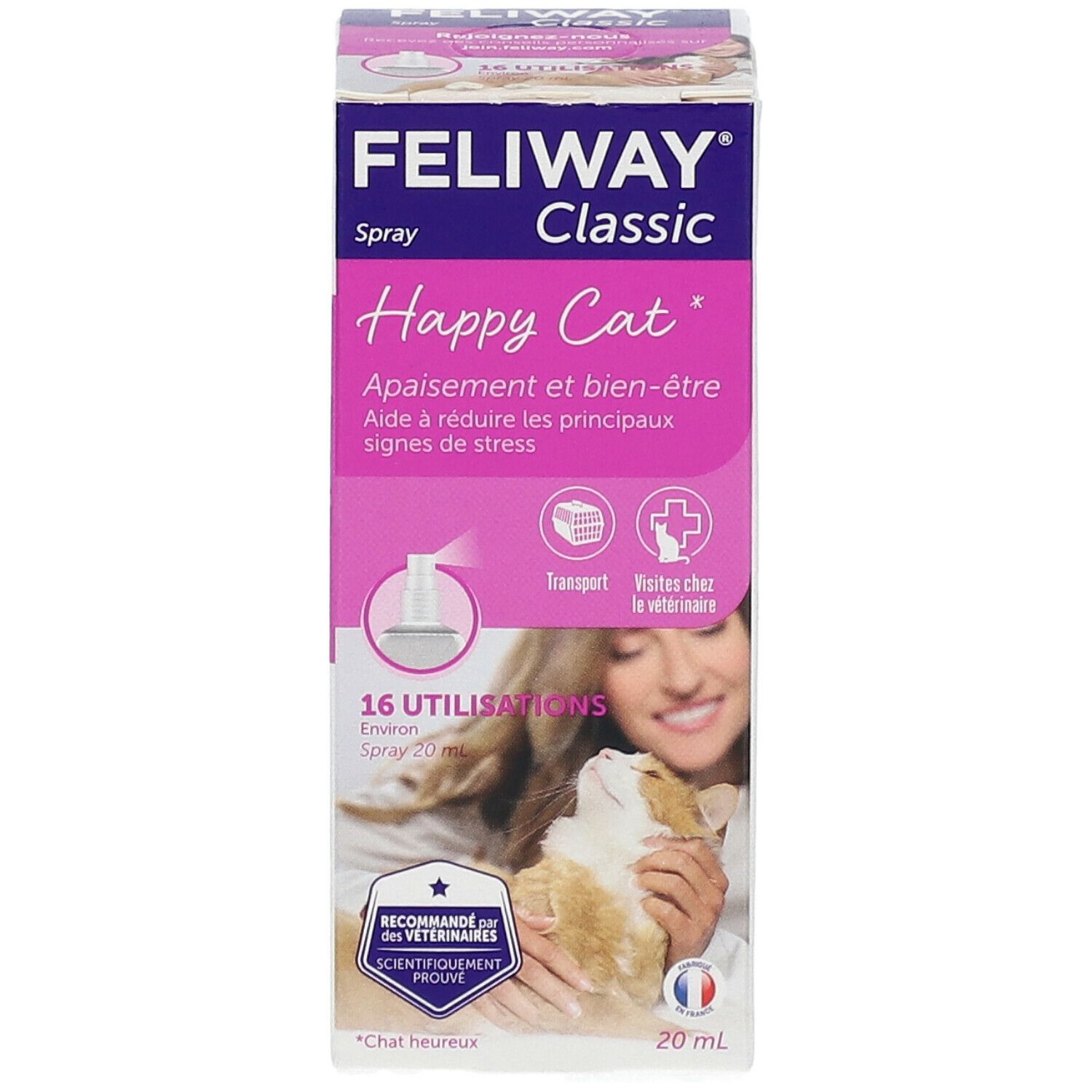 FELIWAY Classic Spray-Box. Rosa-weiß. Aufschrift: Happy Cat. Empfohlen von Tierärzten. 20 ml.