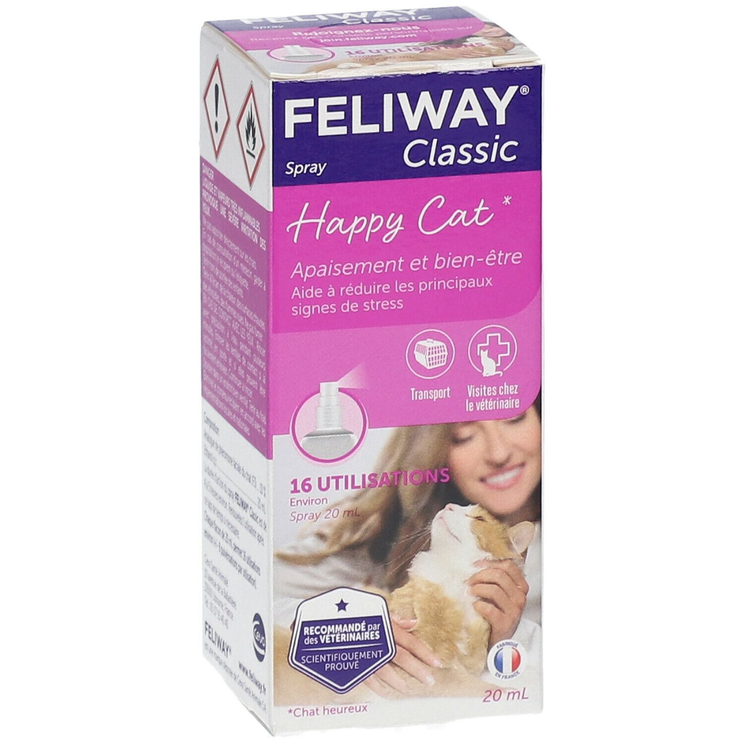 FELIWAY Classic Spray-Box. Rosa-weiß. Aufschrift: Happy Cat. Warnsymbole. 20 ml.