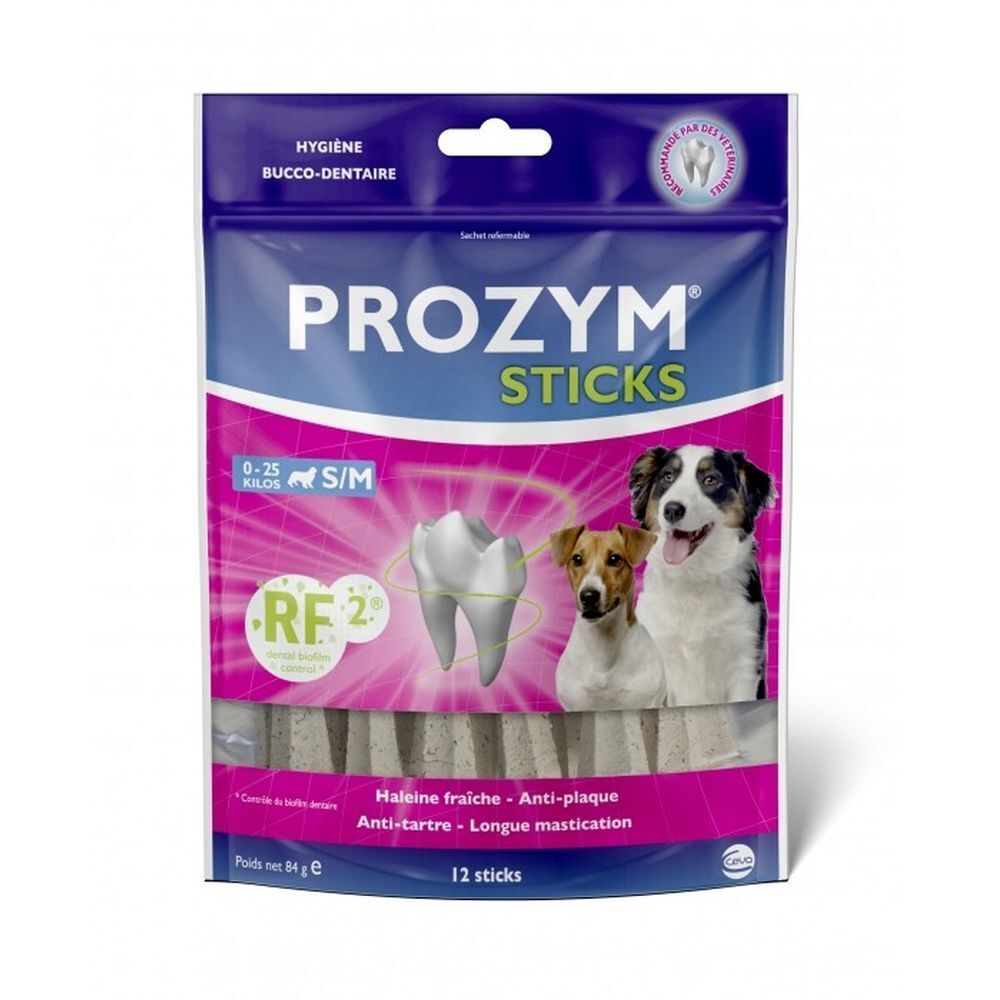 Sachet de "PROZYM STICKS". Chiens sur l'emballage. Logo "RF2". 12 bâtonnets. "Hygiène bucco-dentaire".