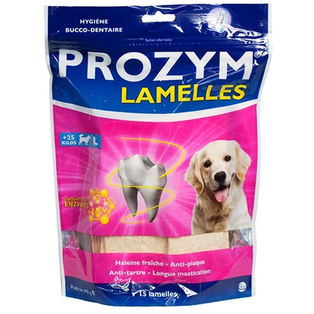 Sachet de "PROZYM LAMELLES". Image d'un chien et d'une dent. Texte : "+25 Kilos".