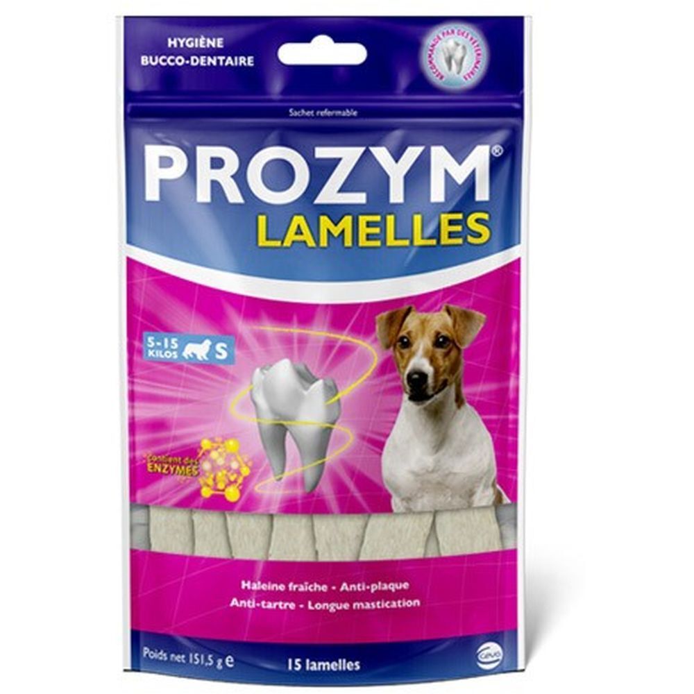 Sachet de lamelles à mâcher pour chiens. Inscription PROZYM, Lamelles, 5-15 kg, S. Image d'une dent et d'un chien. Texte: Hygiène bucco-dentaire.