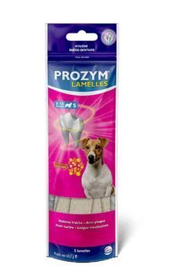 Paquet de PROZYM LAMELLES S. Emballage rose et bleu avec chien, illustration de dent et nom du produit. Contient 5 lamelles.