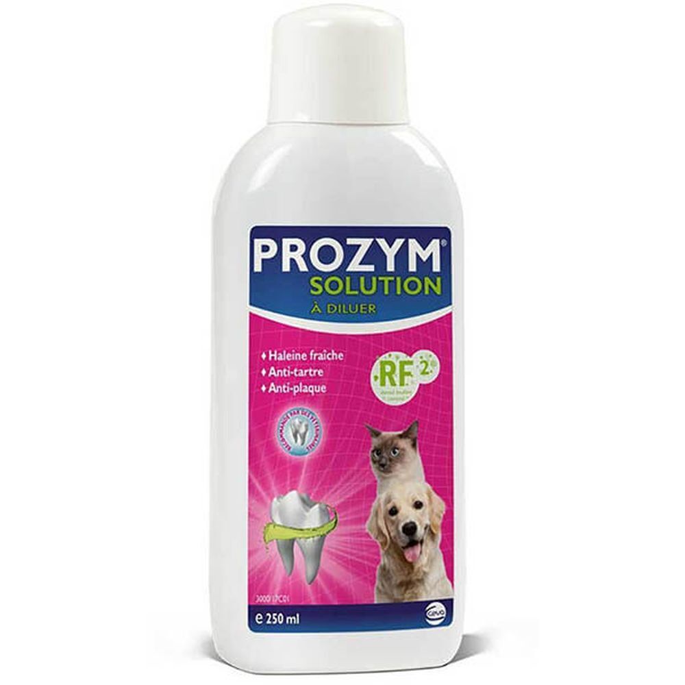 Flacon PROZYM SOLUTION À DILUER. Étiquette rose avec chien et chat. Logo RF2. Inscription: Haleine fraîche, Anti-tartre, Anti-plaque. 250 ml.