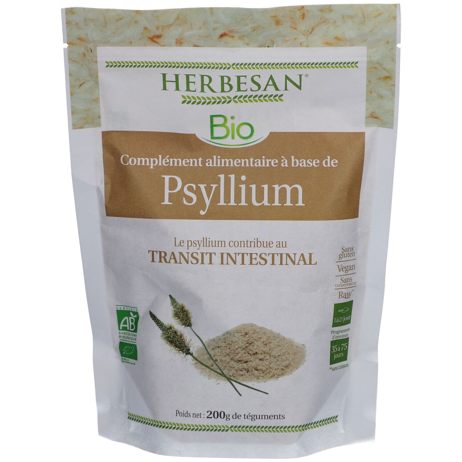 Herbesan Psyllium Bio. Sachet de poudre de psyllium. Certification bio. Texte : "Complément alimentaire à base de Psyllium".