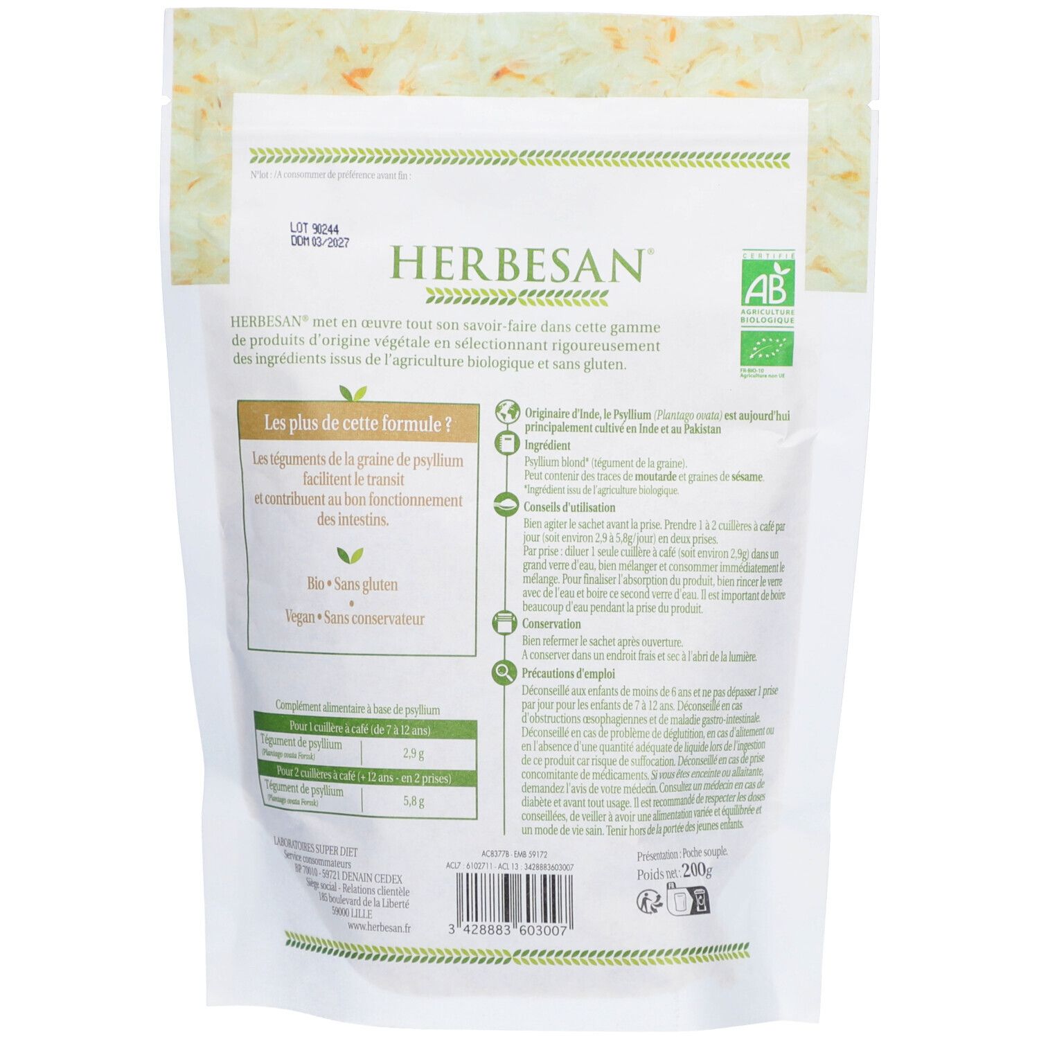 Dos du paquet Herbesan Psyllium Bio. Texte et informations sur le produit, certification bio, ingrédients et utilisation.