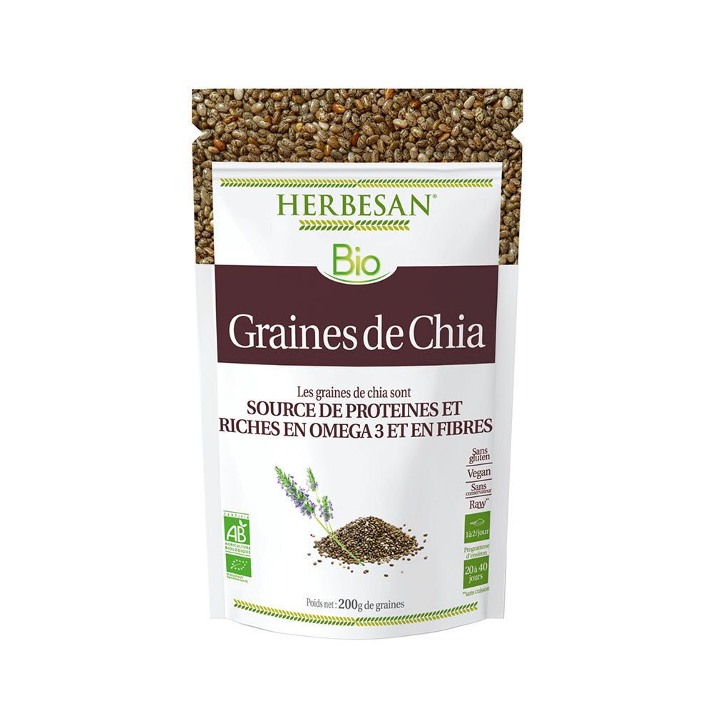 Sachet de graines de chia HERBESAN®. Inscription : Bio, Graines de Chia. Texte : Source de protéines et riche en oméga 3 et en fibres. Avec label AB.