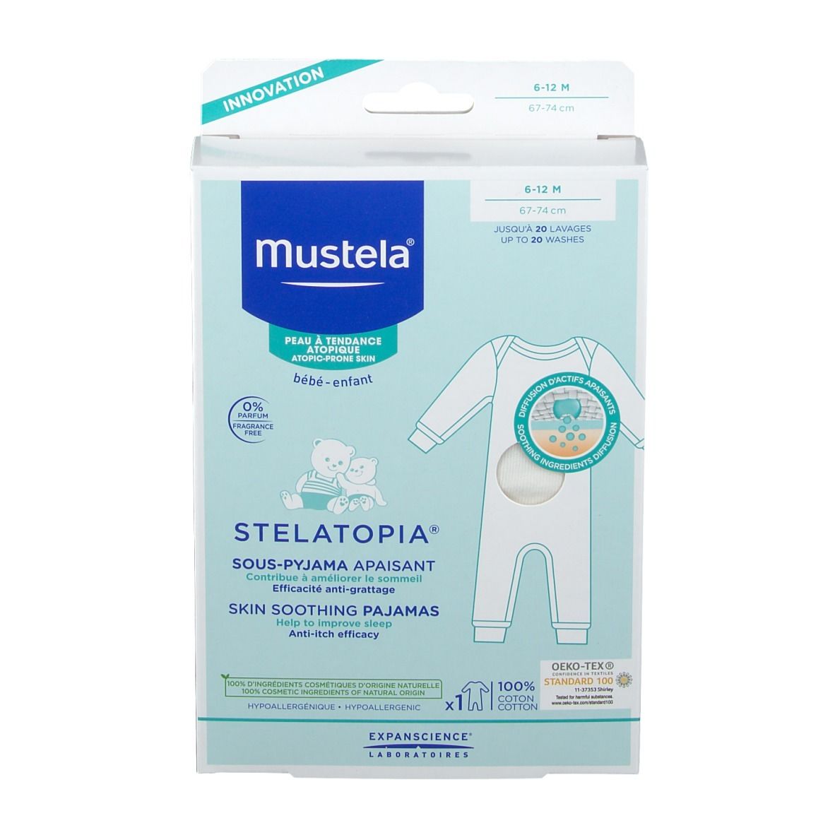 Boîte du pyjama apaisant Mustela. Contient une combinaison blanche. Taille 6-12 mois. Étiquette "Stelatopia".
