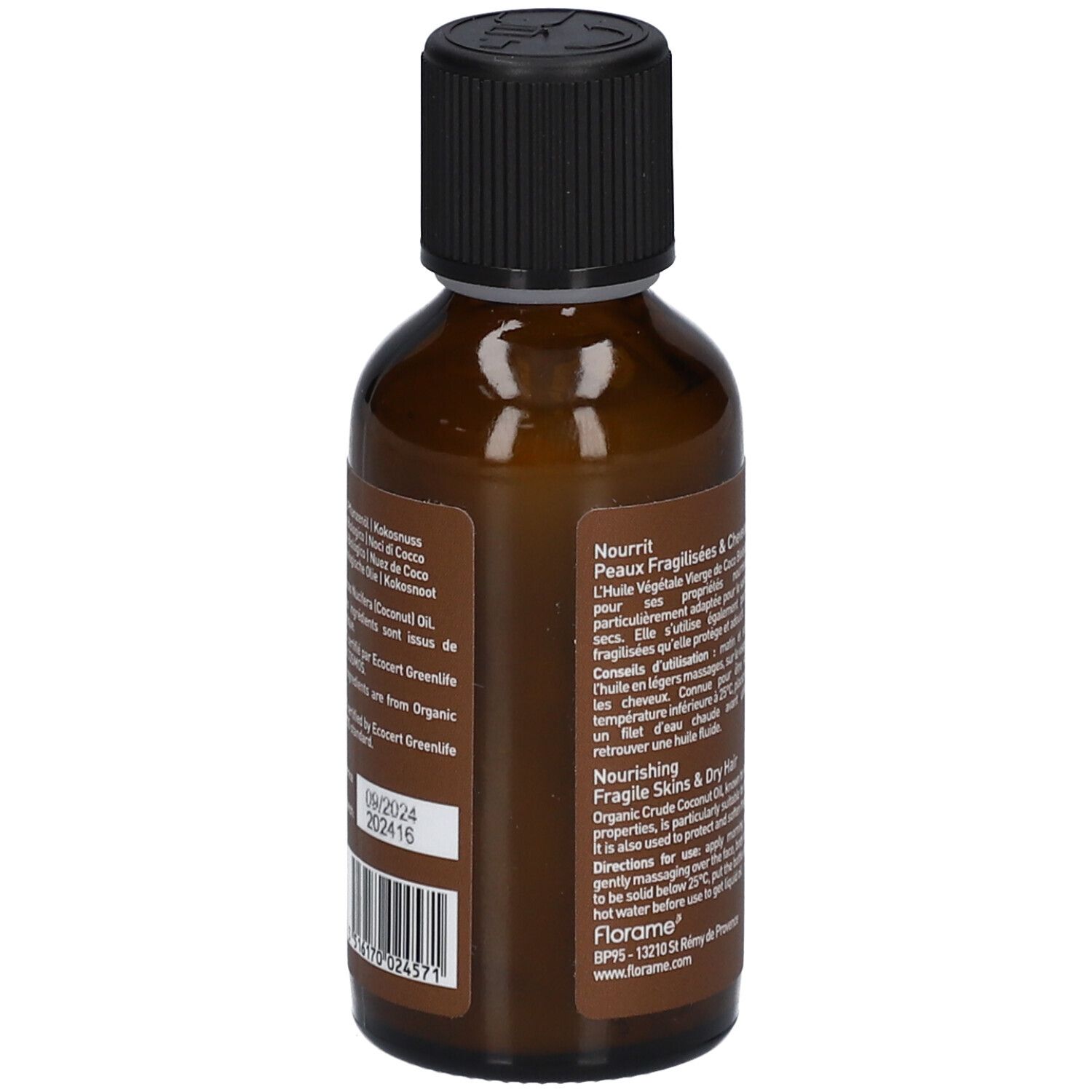 Bruine glazen fles met zwarte dop. Etiket met productinformatie, meertalige tekst. Chargenummer.