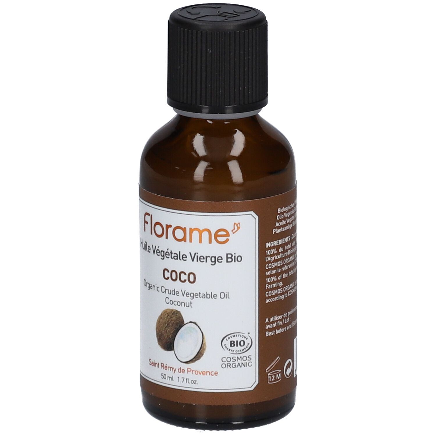 Bruine glazen fles met zwarte dop. Etiket met productinformatie, bio-keurmerk en tekst. Kokosnoot-afbeelding.