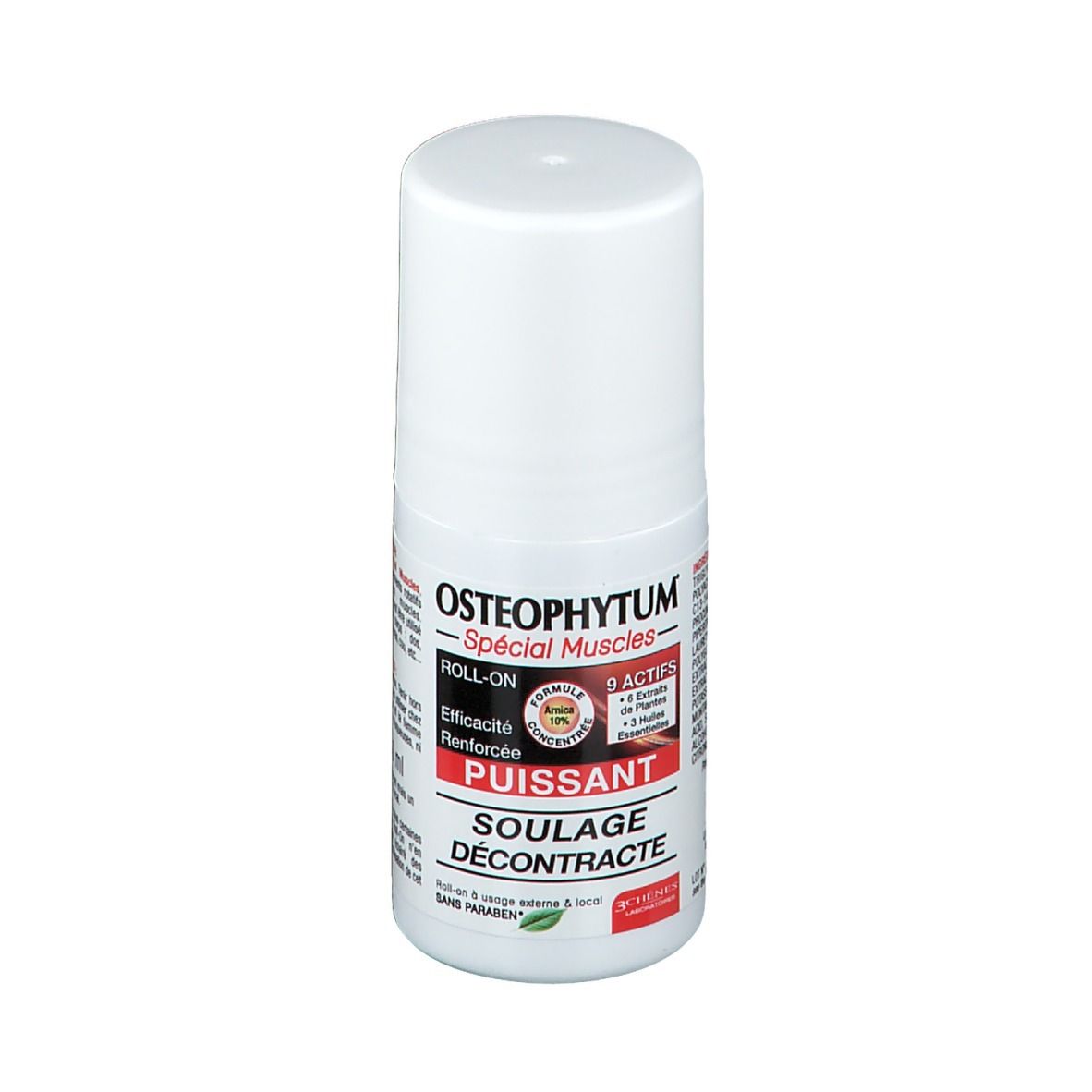 Flacon roll-on blanc avec inscriptions rouges et noires. Texte: OSTEOPHYTUM, ROLL-ON, PUISSANT, SOULAGE DÉCONTRACTE.