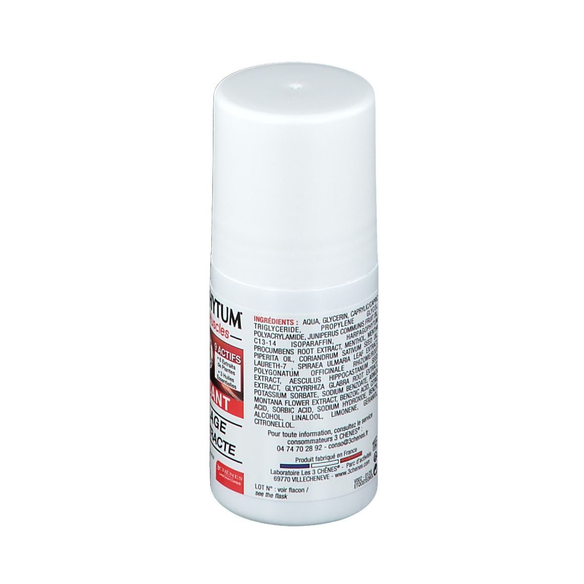 Dos du flacon roll-on blanc avec liste d'ingrédients et coordonnées. Texte: INGRÉDIENTS, 3 CHÊNES.
