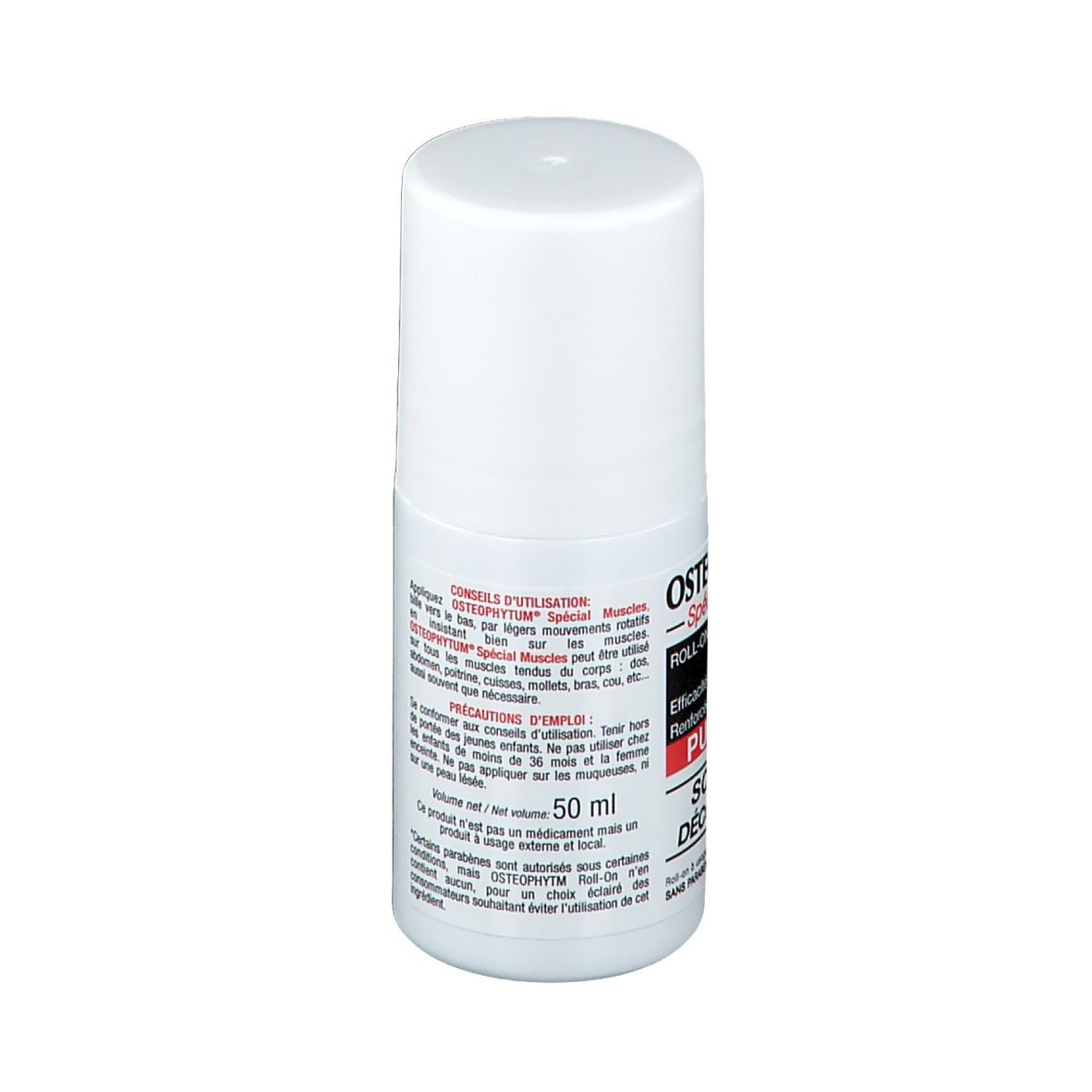 Flacon roll-on blanc avec inscriptions rouges et noires. Texte: OSTEOPHYTUM, ROLL-ON, 50 ml, SOULAGE DÉCONTRACTE.