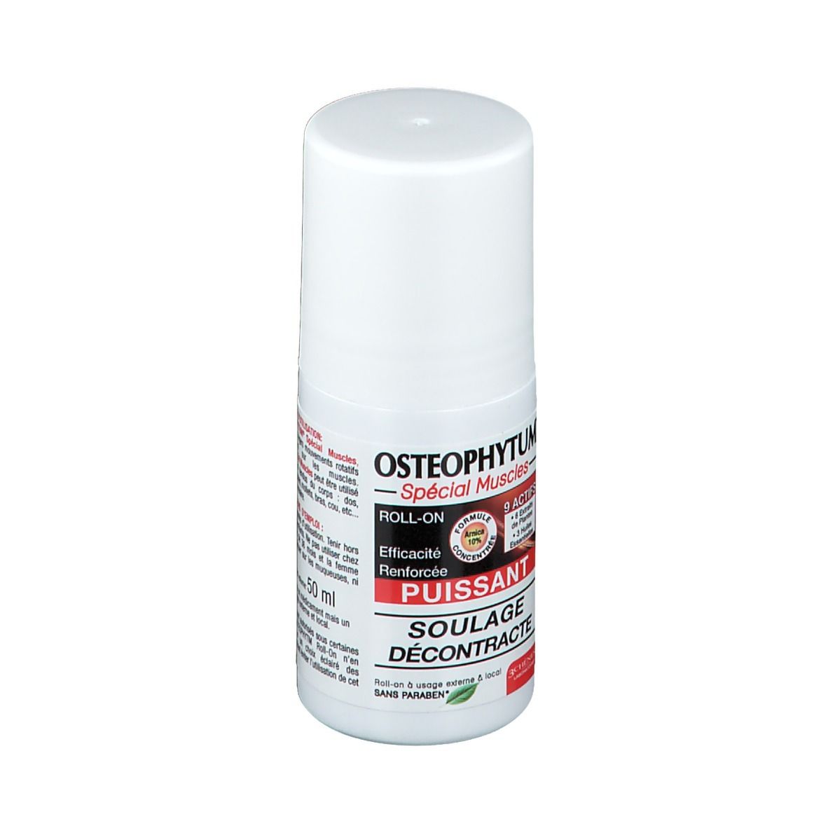 Flacon roll-on blanc avec inscriptions rouges et noires. Texte: OSTEOPHYTUM, ROLL-ON, PUISSANT, SOULAGE DÉCONTRACTE, 50 ml.