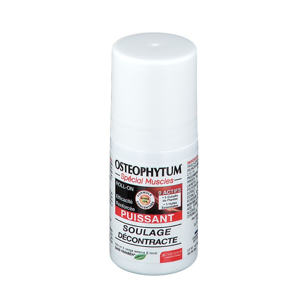 Flacon roll-on blanc avec inscriptions rouges et noires. Texte: OSTEOPHYTUM, ROLL-ON, PUISSANT, SOULAGE DÉCONTRACTE, 9 ACTIFS.