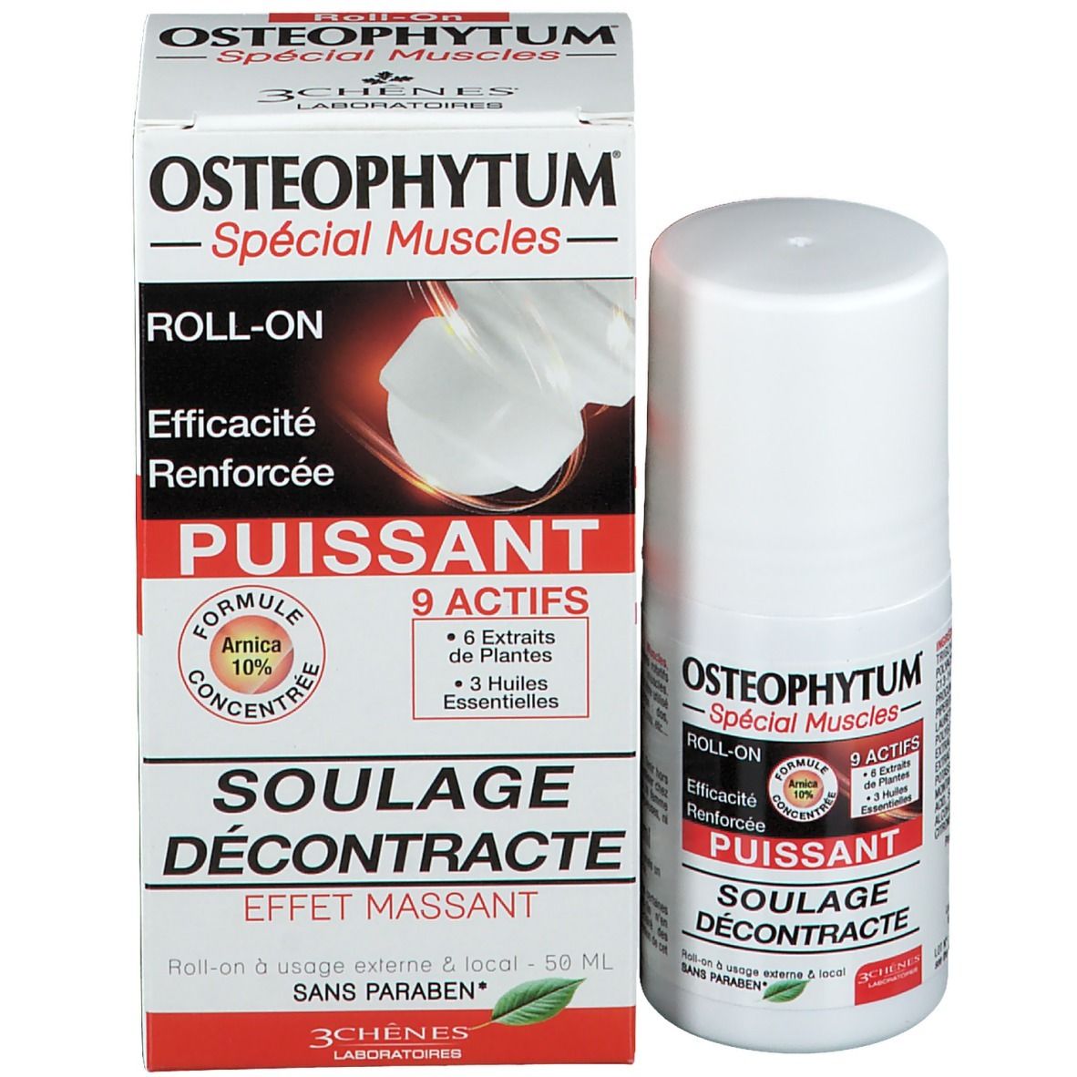 Emballage produit et flacon roll-on. Texte: OSTEOPHYTUM, ROLL-ON, 50 ml, SOULAGE DÉCONTRACTE, 3 CHÊNES LABORATOIRES.