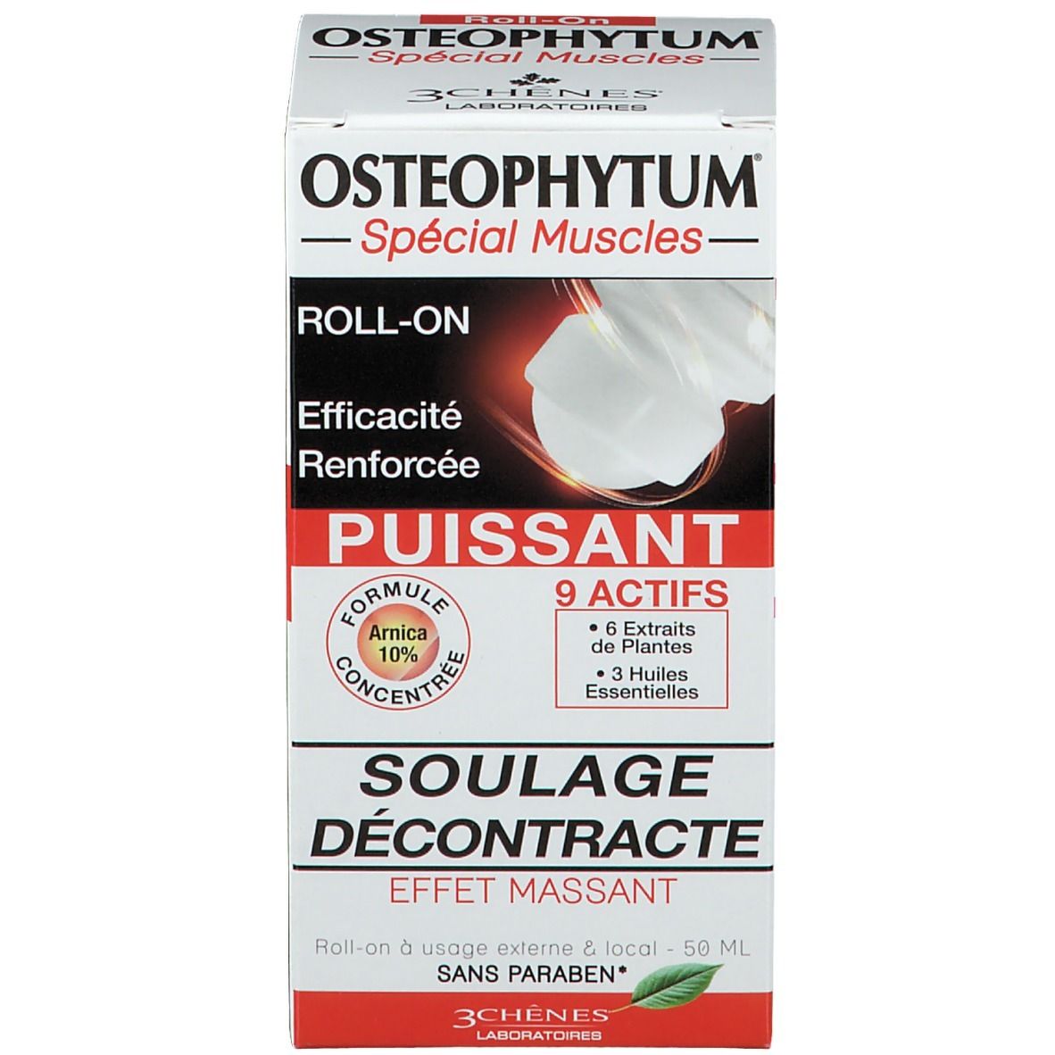 Emballage produit. Texte: OSTEOPHYTUM, ROLL-ON, 50 ml, SOULAGE DÉCONTRACTE, 3 CHÊNES LABORATOIRES.