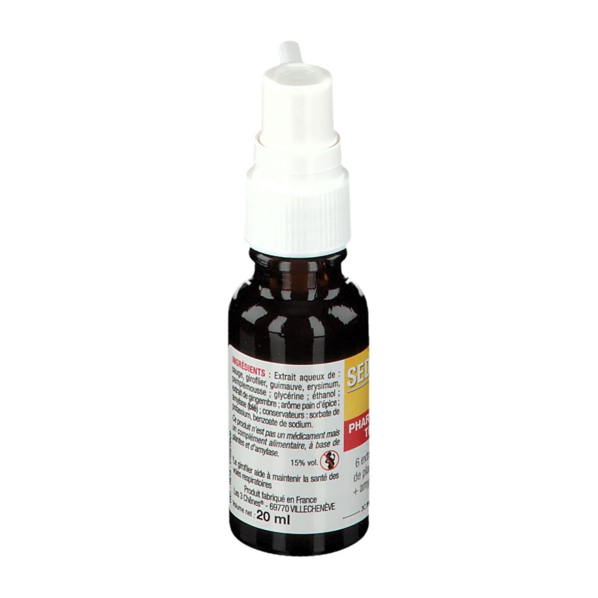 Flacon brun avec pulvérisateur blanc. Inscription: Sedatraxil Spray. Liste des ingrédients et volume: 20 ml.