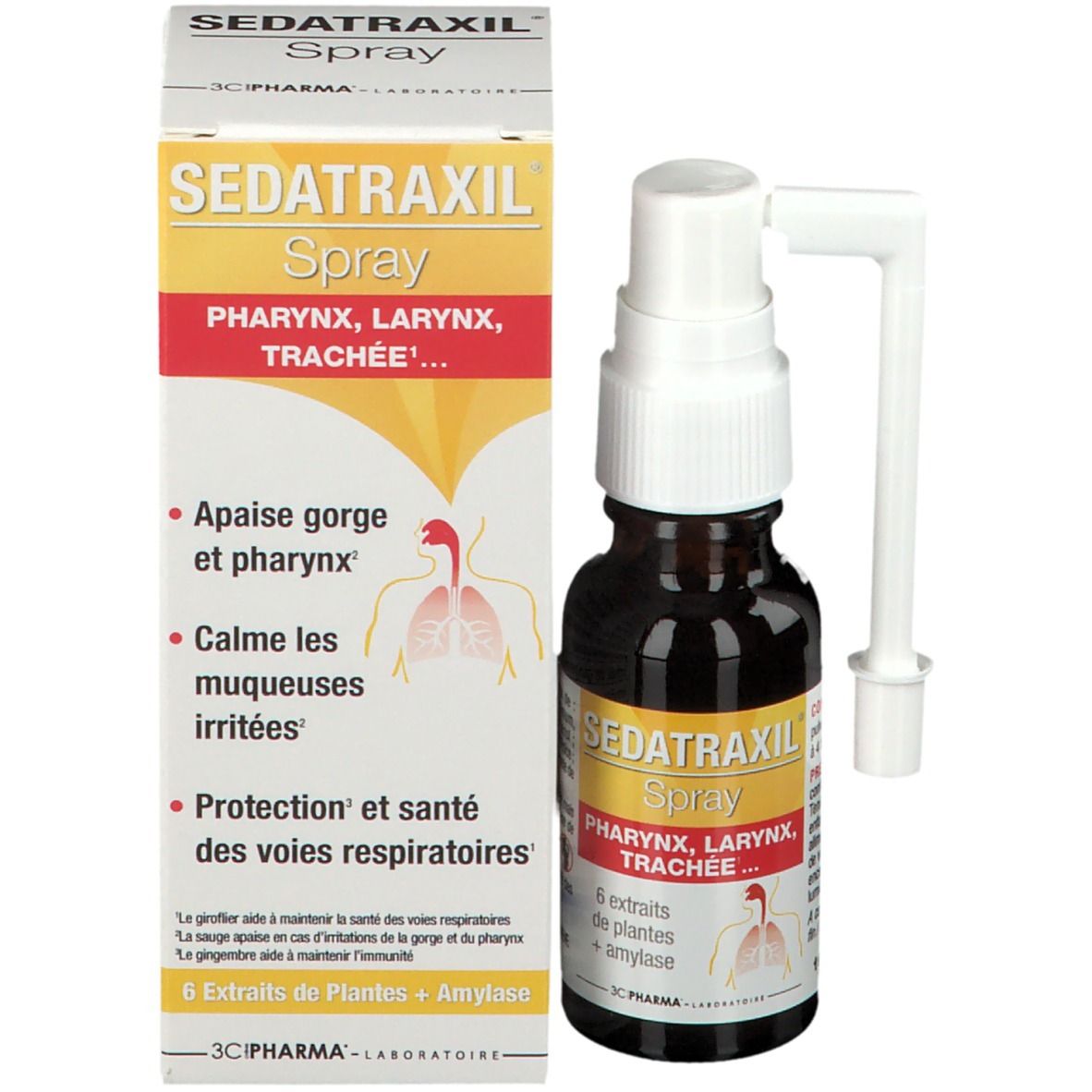 Produit Sedatraxil Spray avec emballage. Flacon et boîte. Inscription: Sedatraxil Spray, pour pharynx, larynx, trachée.