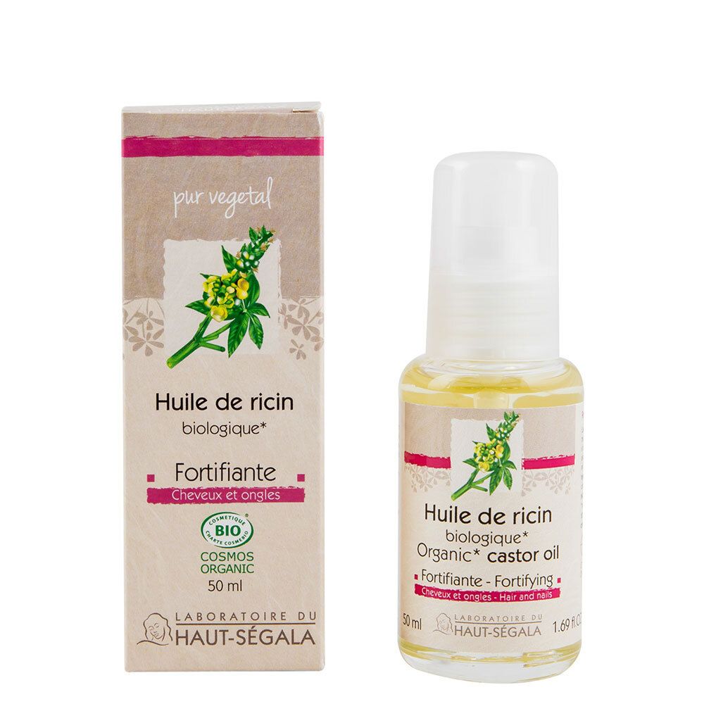 Karton und Flasche mit Öl. Aufschrift: Huile de ricin biologique, Fortifiante, 50 ml. Bio-Zertifizierung.