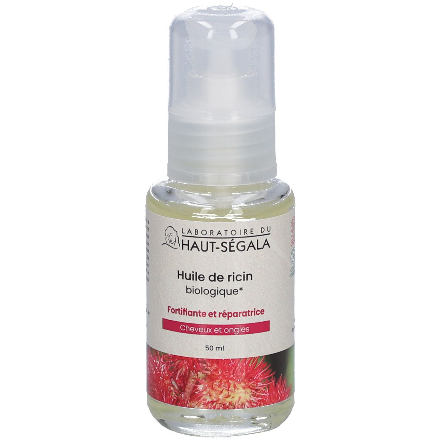 Flasche mit Öl und Sprühkopf. Aufschrift: Huile de ricin biologique, Fortifiante et réparatrice, 50 ml.