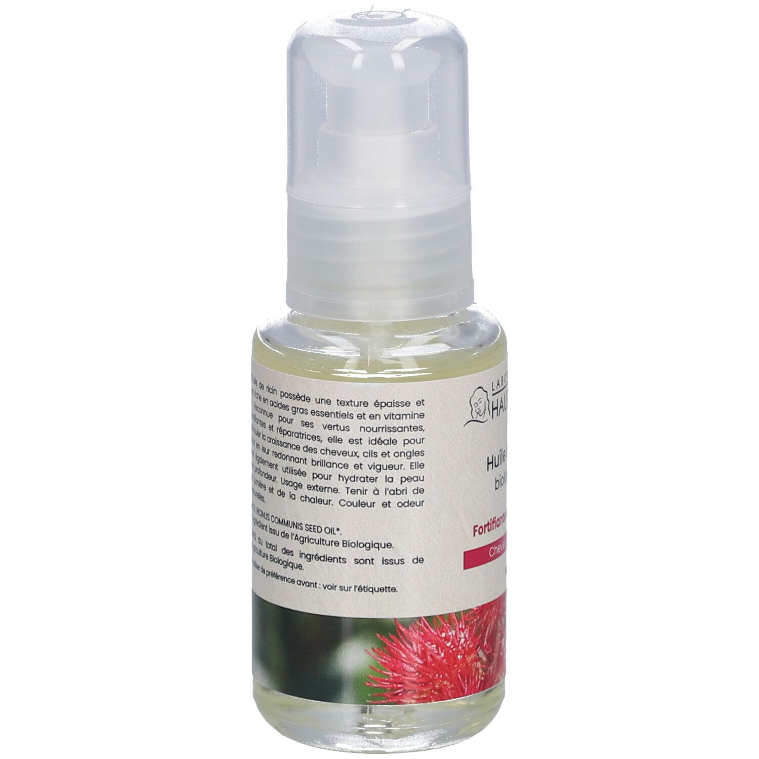 Flasche mit Öl und Sprühkopf. Aufschrift: Huile de ricin biologique, Fortifiante et réparatrice, 50 ml. Text auf Etikett.