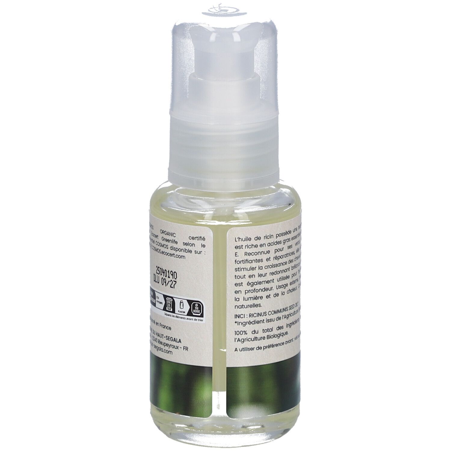 Flasche mit Öl und Sprühkopf. Aufschrift: Huile de ricin biologique, Fortifiante et réparatrice, 50 ml. Text auf Etikett.